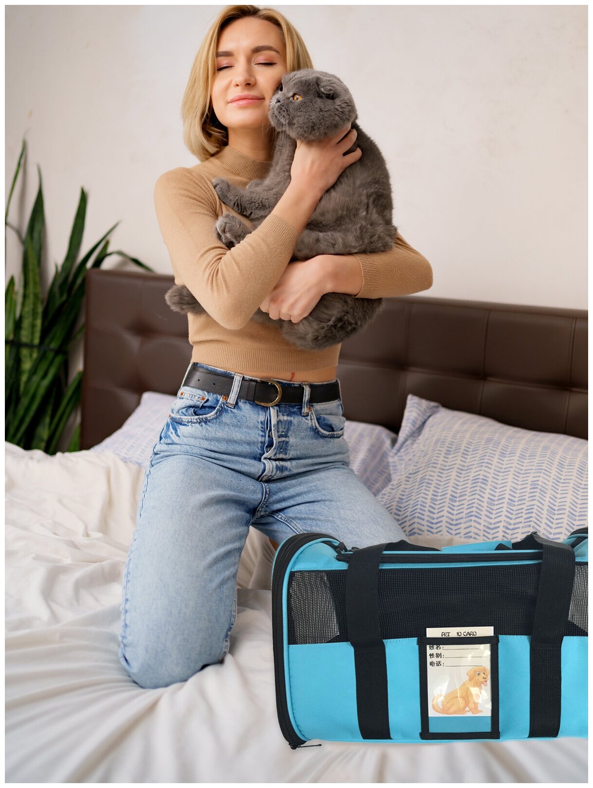 Переноска для животных ZES, сетчатая сумка для переноски кошек и собак мелких пород, размер 45х28х28, голубого цвета - фотография № 9