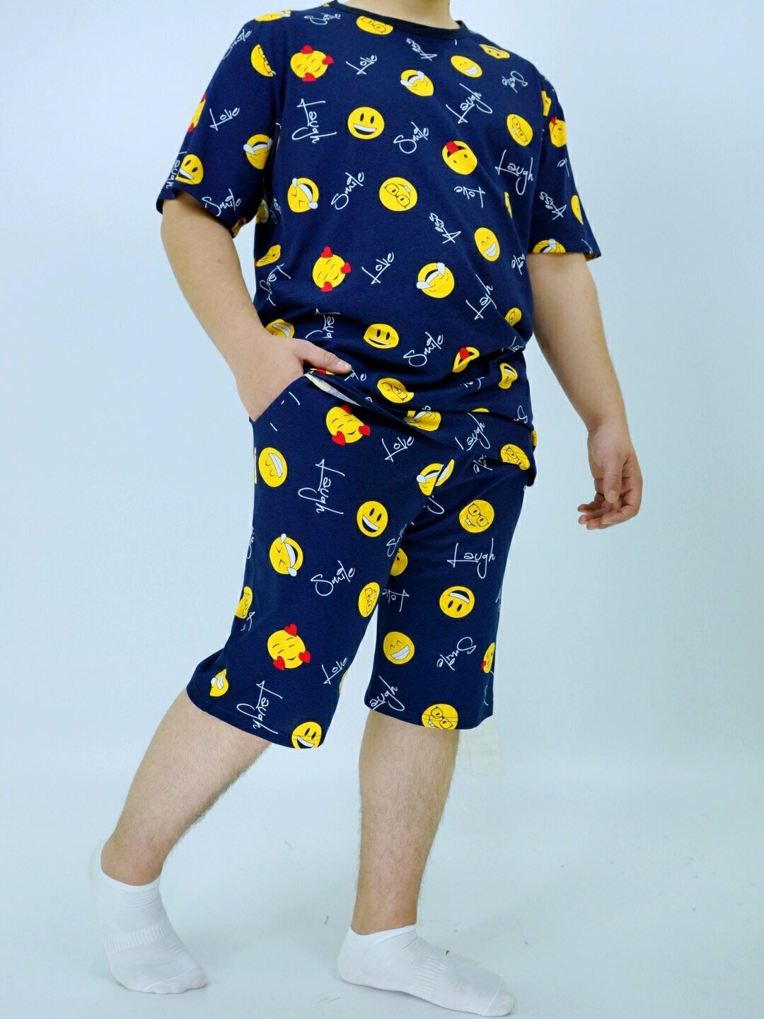 Мужская пижама, мужской пижамный комплект ARISTARHOV, Футболка + Шорты, Смайлик, желтый синий, размер 62 - фотография № 7