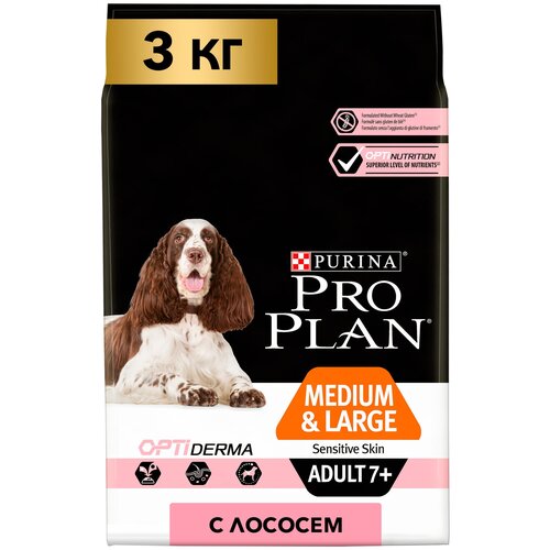 PRO PLAN ADULT 7+ OPTIDERMA MEDIUM & LARGE SENSITIVE SKIN для пожилых собак средних и крупных пород с чувствительной кожей с лососем и рисом (14 + 14 кг)
