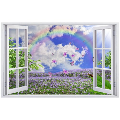 Фотообои Уютная стена Окно с видом на радугу 430х270 см Виниловые Бесшовные (единым полотном)