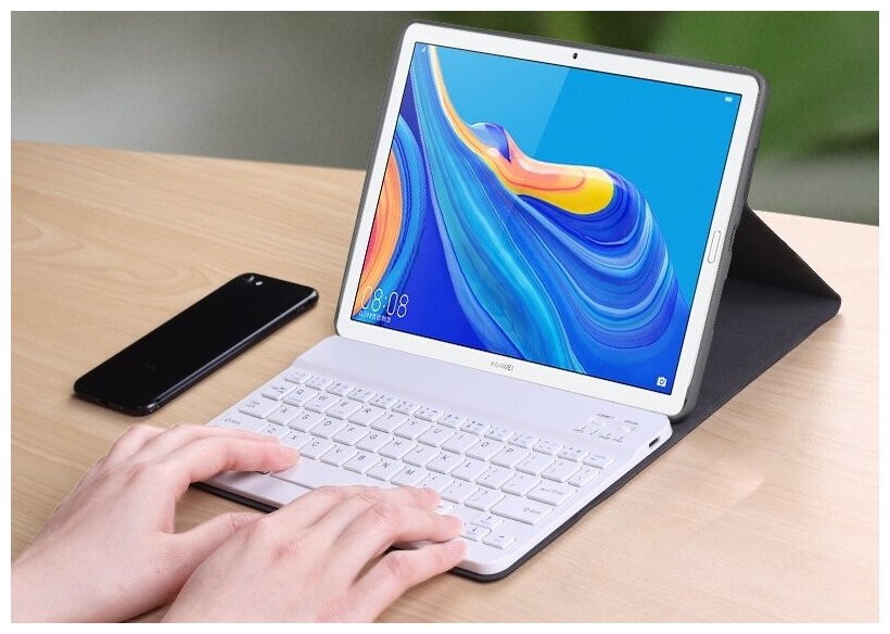 Клавиатура MyPads для Huawei MediaPad M6 8.4 съемная беспроводная Bluetooth в комплекте c кожаным чехлом и пластиковыми наклейками с русскими бук...