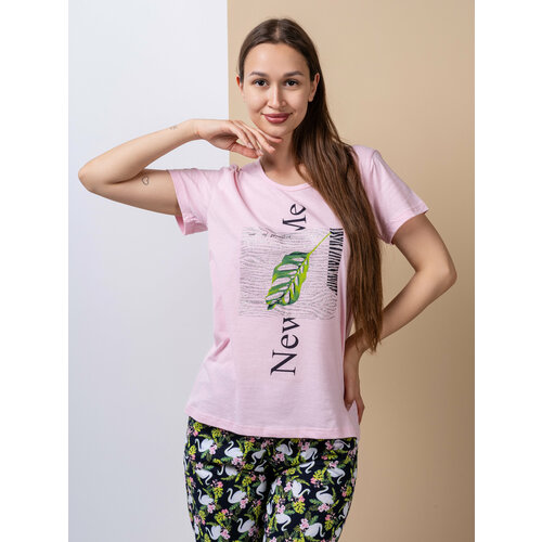 фото Пижама , футболка, брюки, короткий рукав, размер 50, розовый tajshop