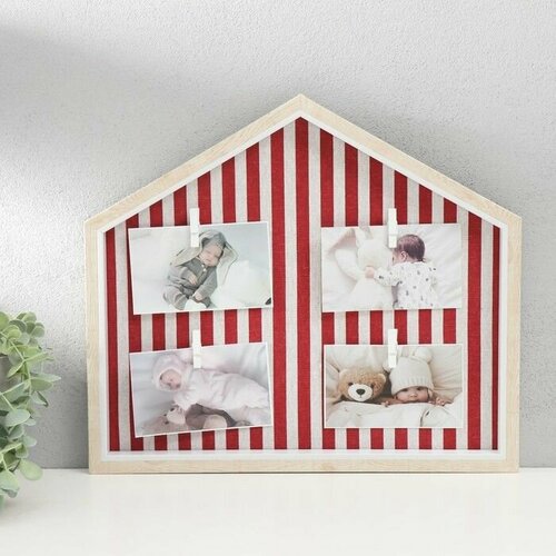 Фоторамка пластик текстиль на 4 фото Милый дом в красную полоску с прищепками 40х35 см 2750₽