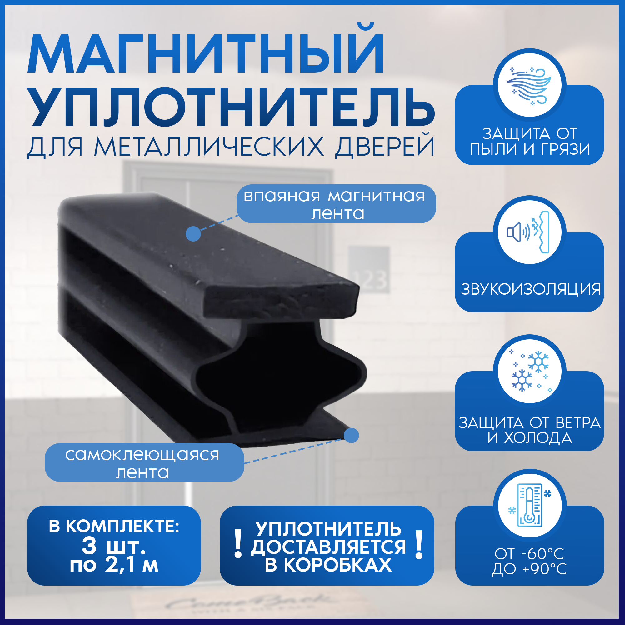 Уплотнитель магнитный для входной металлической двери самоклеящийся 3шт. х21м. резиновый уплотнитель для входной двери