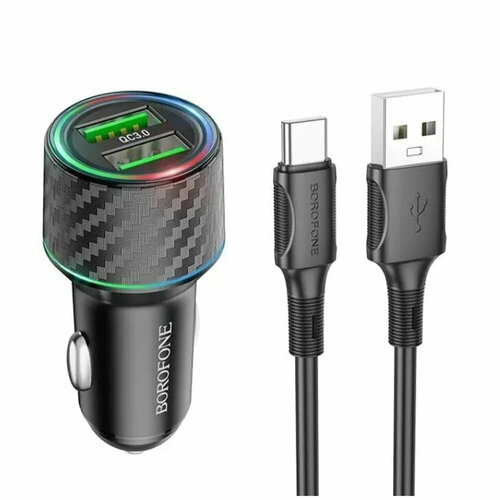 Блок питания автомобильный 2 USB Borofone BZ21A, Brilliant, 36Вт, PD/ QC/ FCP/ AFC, кабель USB Type C, цвет: чёрный