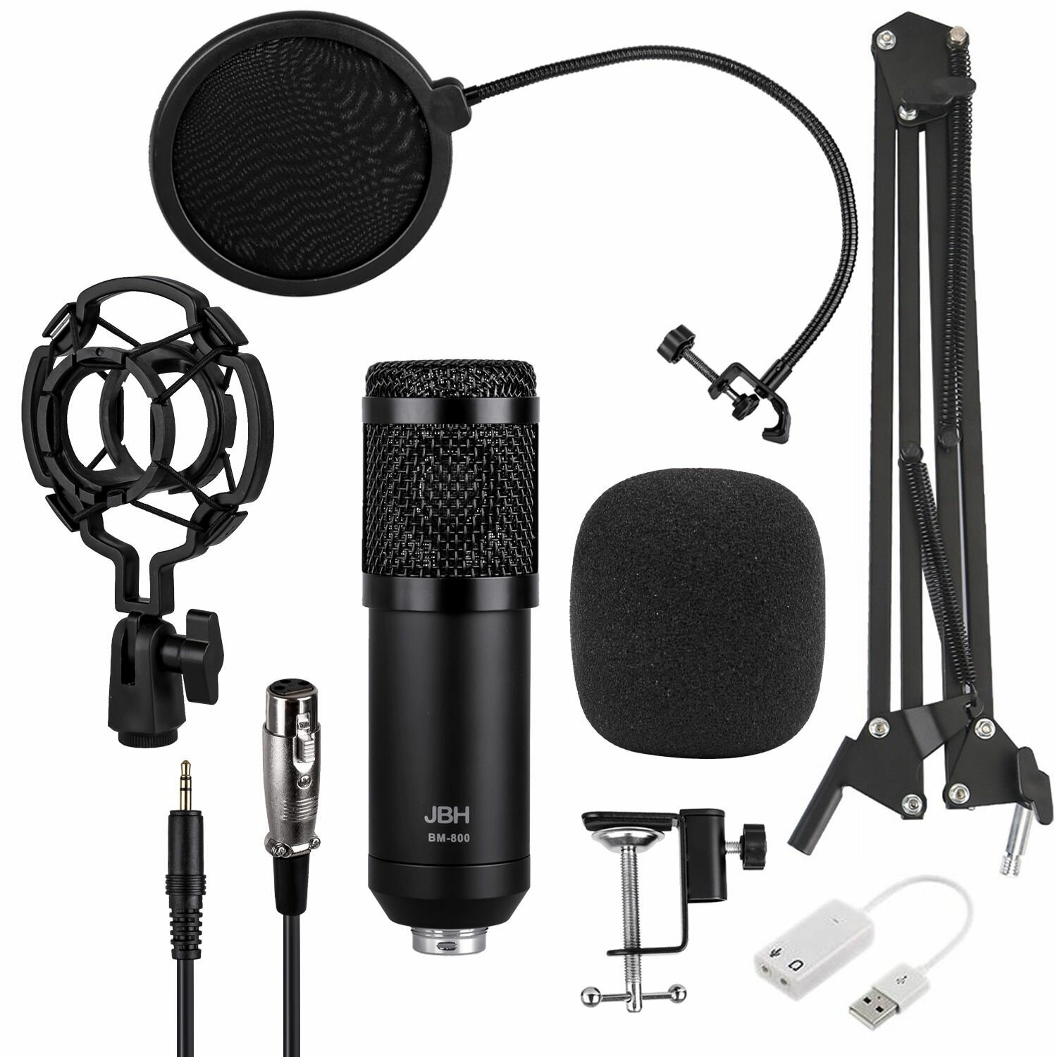 Студийный набор для звукозаписи Конденсаторный микрофон BM800 JBH , Поп-фильтр, пантограф (черный)