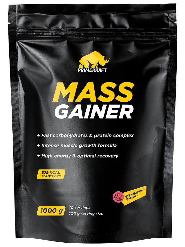 Гейнер белково-углеводный PRIMEKRAFT/ MASS GAINER для набора массы со вкусом "Клубника-Банан" 1000 гр