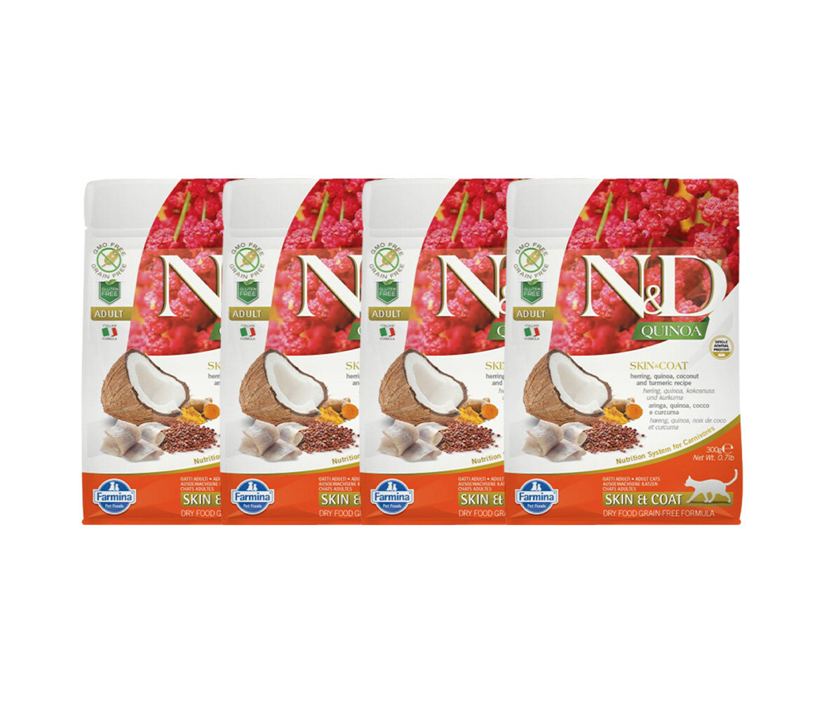 фото Сухой корм для взрослых кошек Farmina N&D Quinoa, беззерновой, для здоровья кожи и блеска шерсти, с сельдью, с киноа, с кокосом, с куркумой
