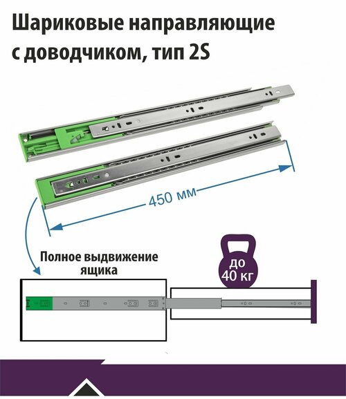 Направляющие полного выдвижения с доводчиком, Тип 2S, 450 мм