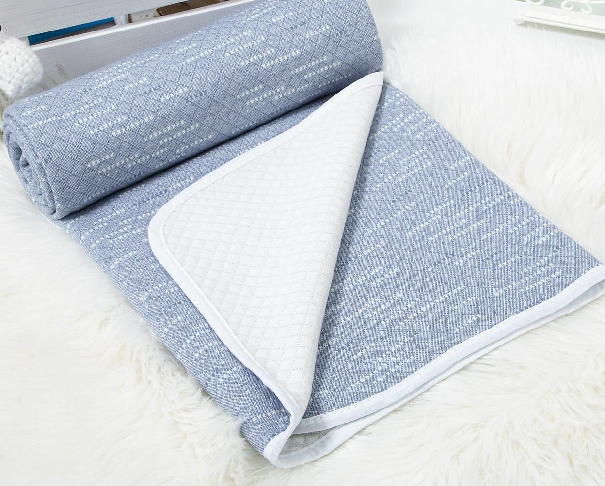 фото Покрывало на детскую кровать, 100х150 см, трикотаж, 100% хлопок, для малышей, в коляску, в кроватку, рис. Бусы (Синие)