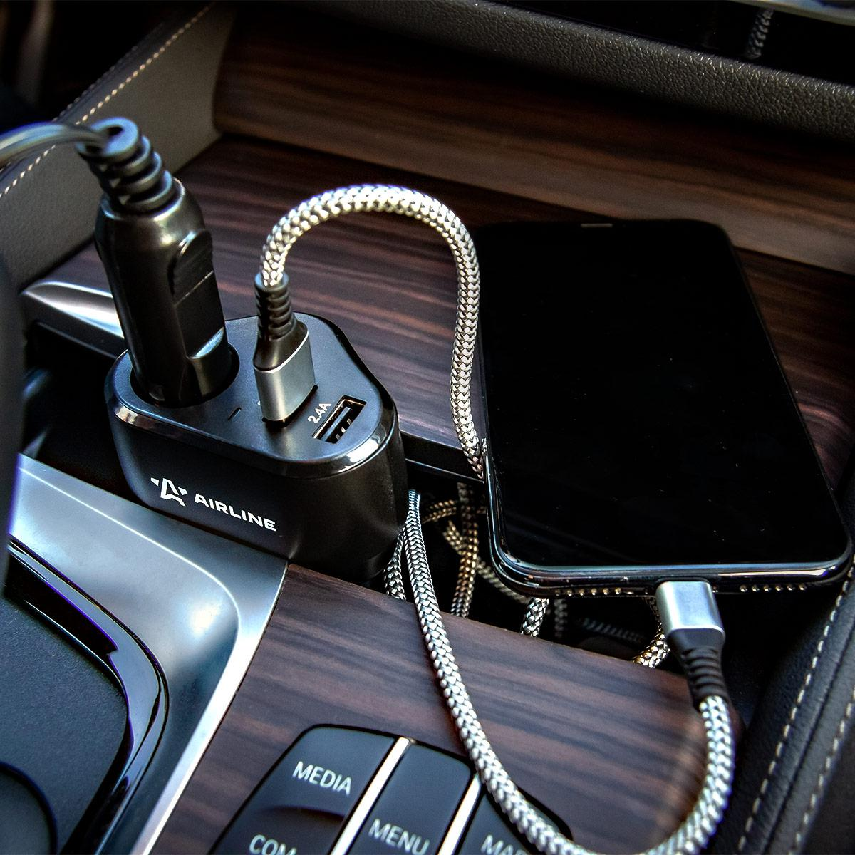 AIRLINE aebd070 разветвитель прикуривателя 1 гнездо + 2xusb 2.4a+2.4a pro (aebd070)