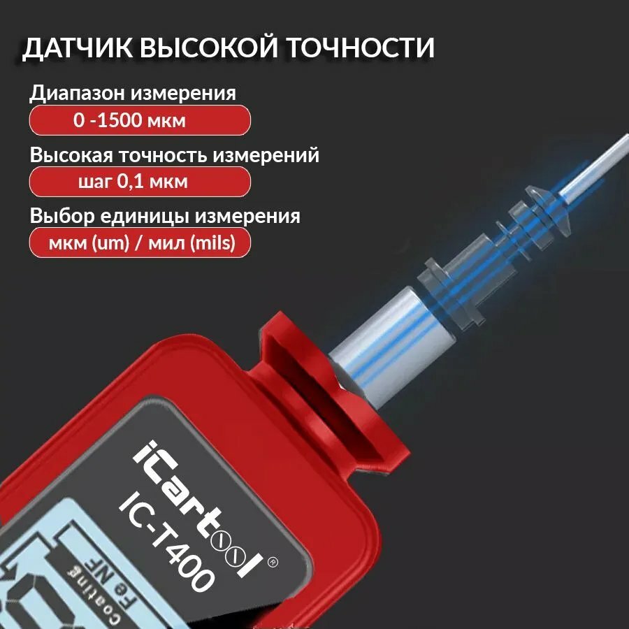 ICarTool Толщиномер лакокрасочных покрытий Fe+Zn IC-T400