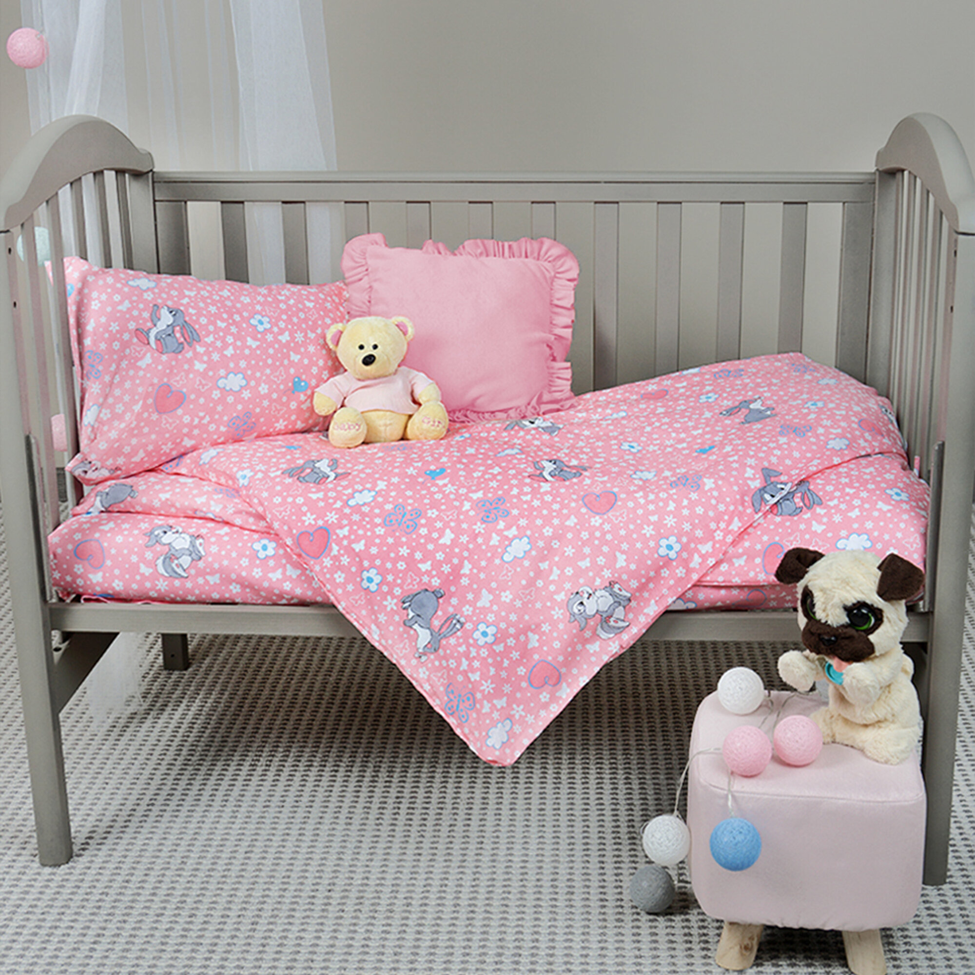 Комплект постельного белья Детский в кроватку Galtex Зайки серые бело-розовый