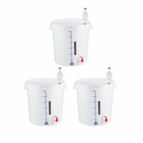 Ёмкость для брожения в сборе с гидрозатвором, термометром и сливным краном, 32 литра (3 шт.)