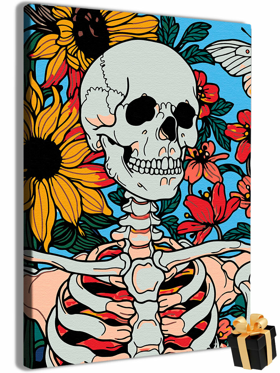 Картина по номерам Скелет с цветами Арт / Skeleton with flowers Art холст на подрамнике 40*60