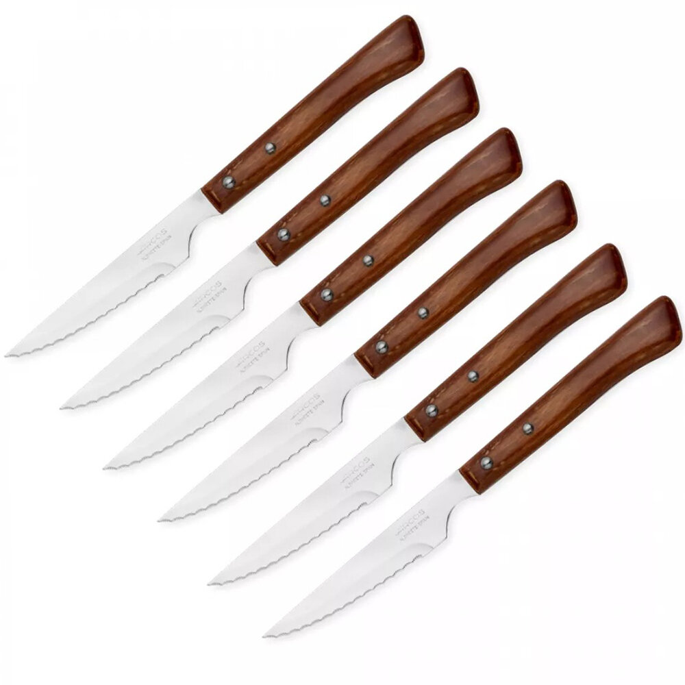 фото Набор из 6-ти ножей из прокатной высокоуглеродистой нержавеющей стали для стейка Arcos, 11 см, рукоять из стабилизированной древесины, темное дерево, серия Table Knives, Arcos, 377600