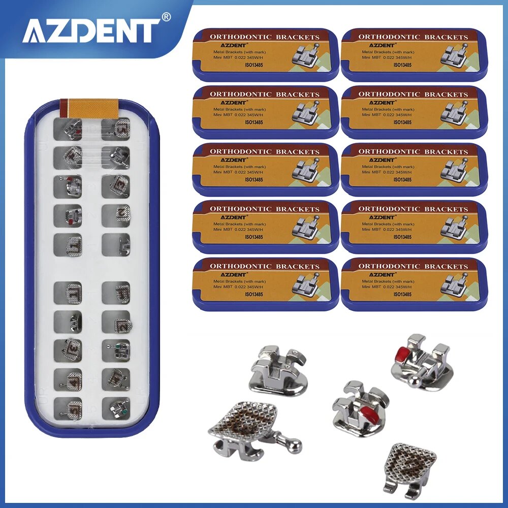 AZDENT 10 коробок стоматологические ортодонтические металлические брекеты Mini Roth MBT 022/018 крючки 345 MIM моноблочные брекеты для зубов, Mesh Base Roth.022