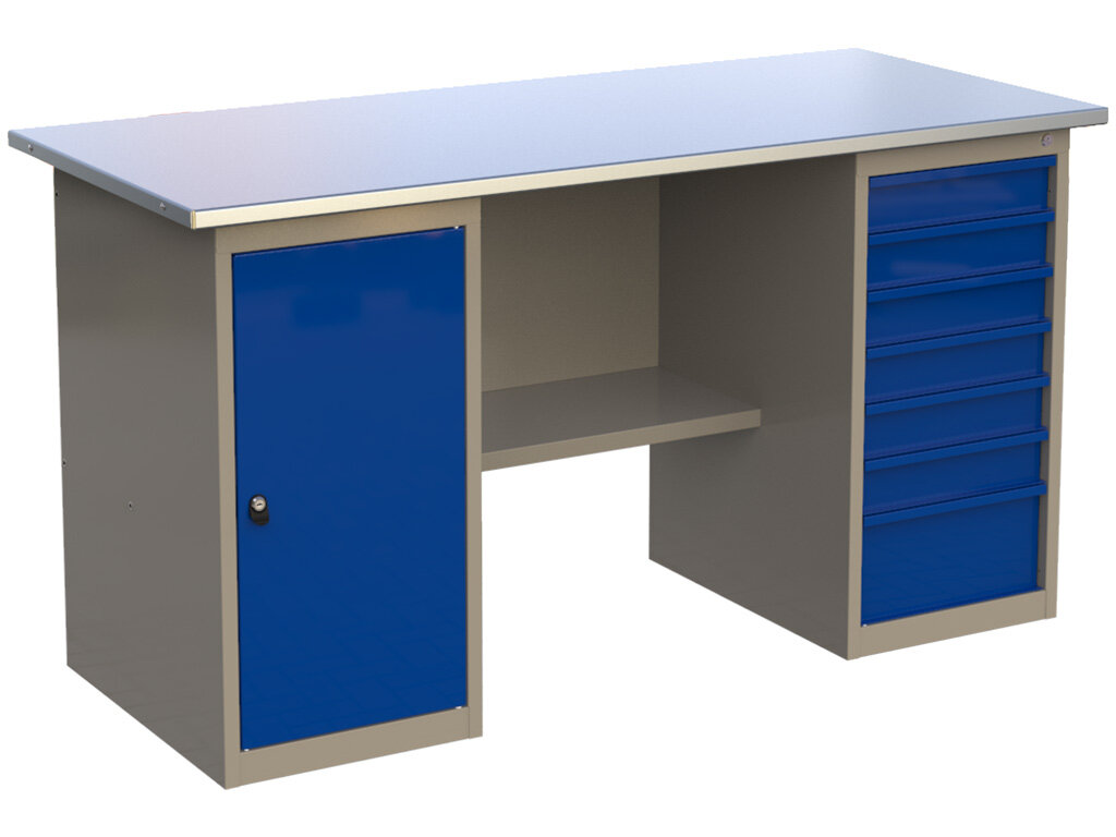 фото Стол верстак слесарный металлический с 2 тумбами с дверью и с 7 ящиками, 1600 мм, MasterLine, Wellmet ML 1600 ML0/ML7