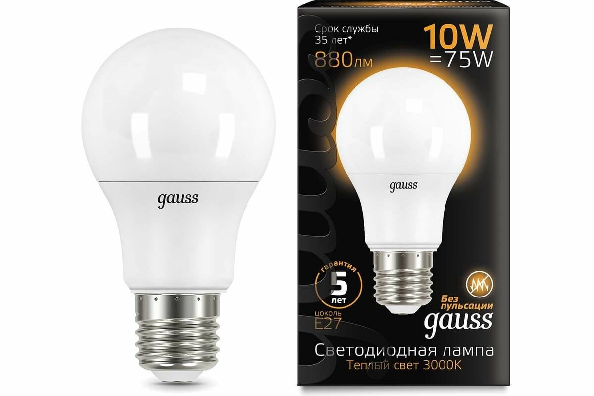 Лампа Gauss LED A60 10W E27 880lm 3000K 102502110