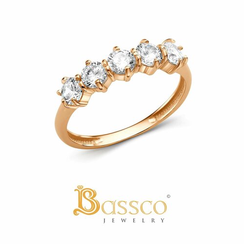 Кольцо Bassco, серебро, 925 проба, золочение, фианит, размер 17.5, золотой