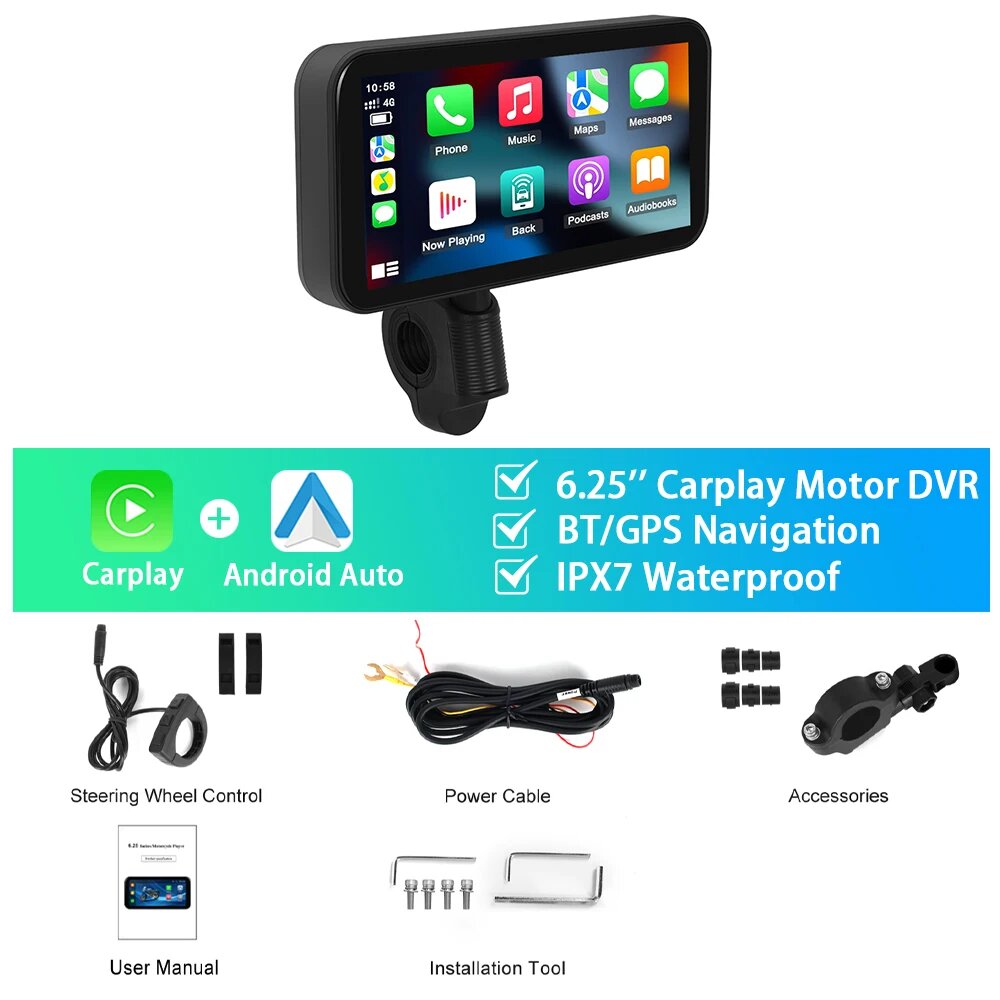 Podofo Мотоциклетная навигация Carplay 6,25 'Смарт-плеер Android Auto IP67 Водонепроницаемый Carplay Портативный мотоциклетный монитор двигателя, motor monitor