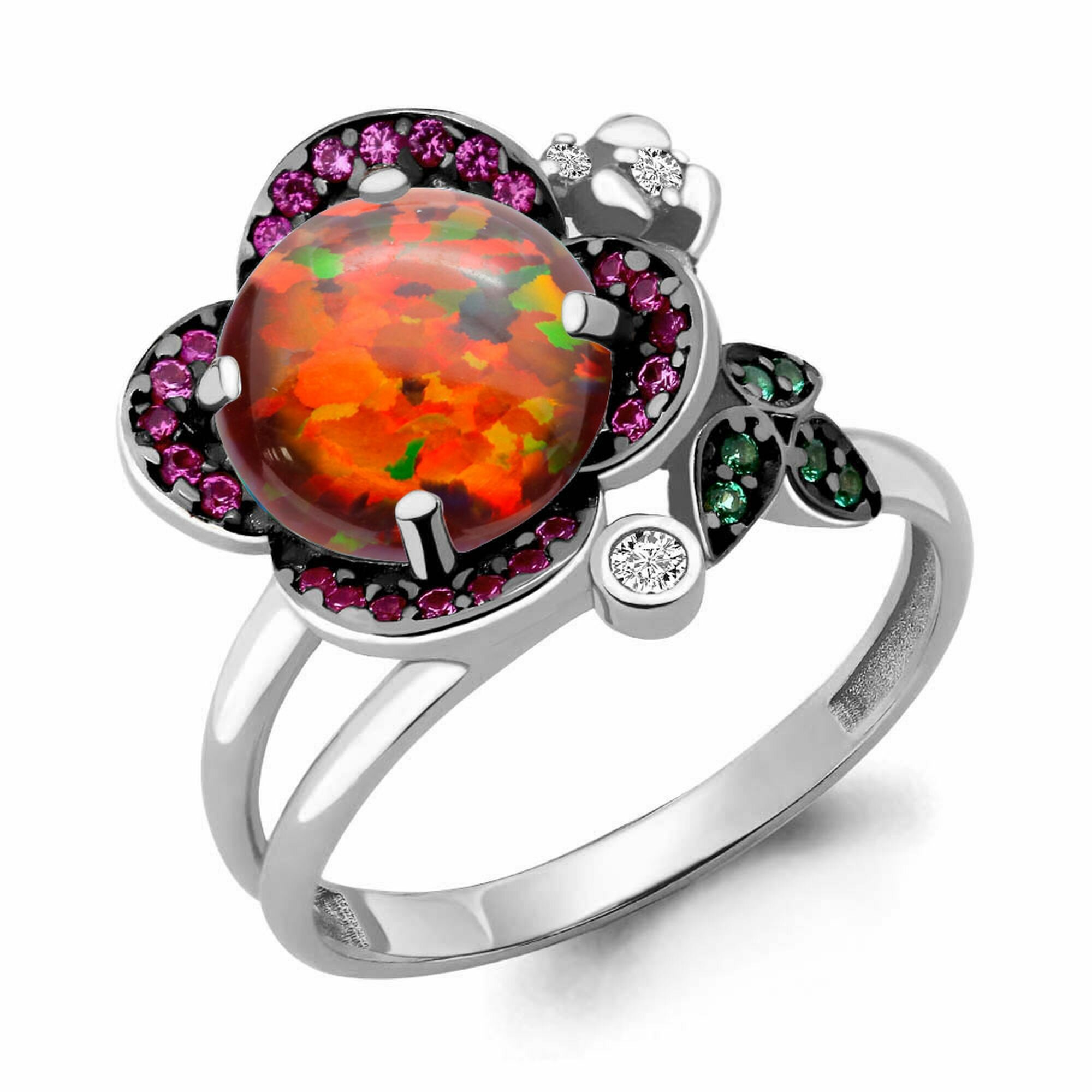 Серебряное кольцо DIAMANT-ONLINE А6598887ВГ с фианитом, опалом, гидротермальным изумрудом и турмалином, 18,5