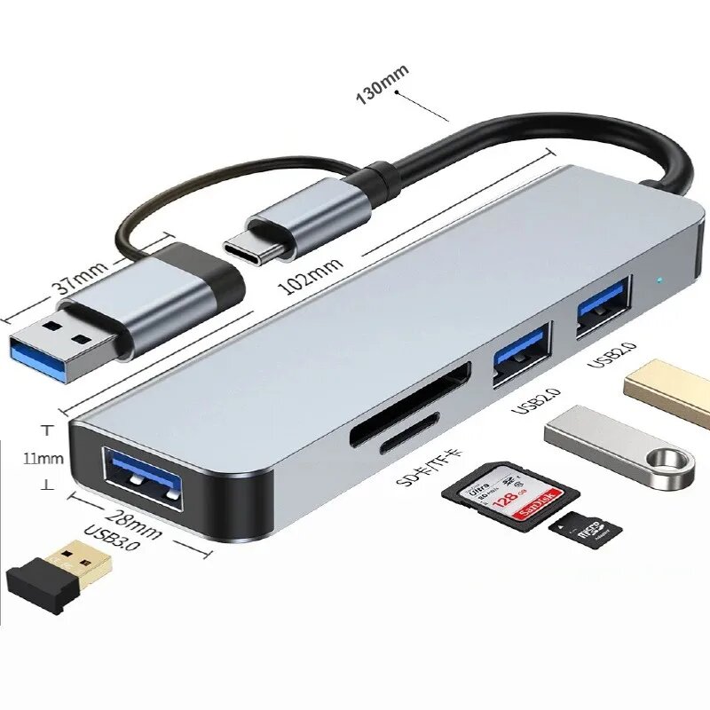 OLOIPKY 5 в 1 USB Hub Type C, серый