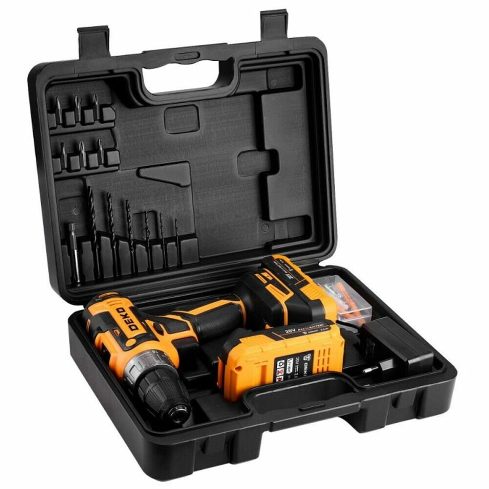 Обзор: Аккумуляторная дрель-шуруповерт Deko GCD20DU PRO в кейсе + набор 63 инструмента для дома, 20В, 2х3.0Ач 083-1039