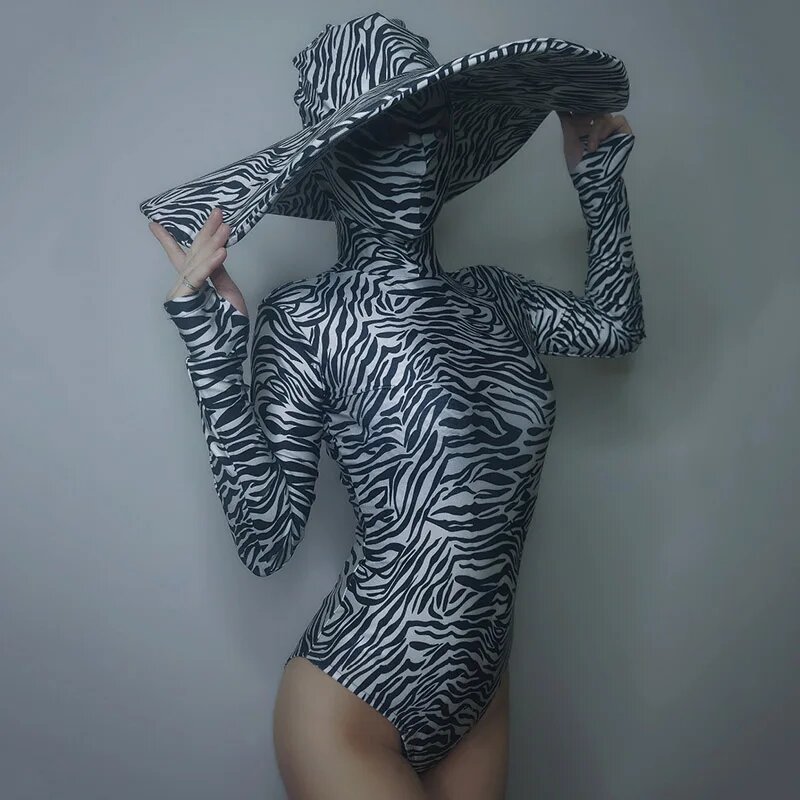 Женский корейский танцевальный костюм DJNIGHT зеленый черный зебра L, 1 PC Bodysuit