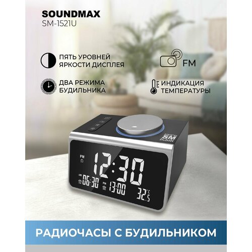 Радиочасы SM-1521Uчёрный с серебром часы с индикацией температуры 5 уровней яркости дисплея будильник 370000₽