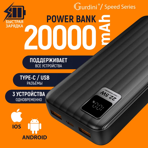 Повербанк с быстрой зарядкой Gurdini Speed Series 20000 mAh 2 USBUSB-C 225W черный PowerBankВнешний аккумулятор 2590₽
