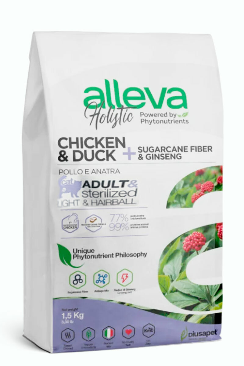 Alleva Holistic Cat Sterilized light & hairball 1,5кг сухой корм для кастрированных котов и стерилизованных кошек с курицей и уткой, волокнами сахарного тростника и женьшенем 1.5 кг