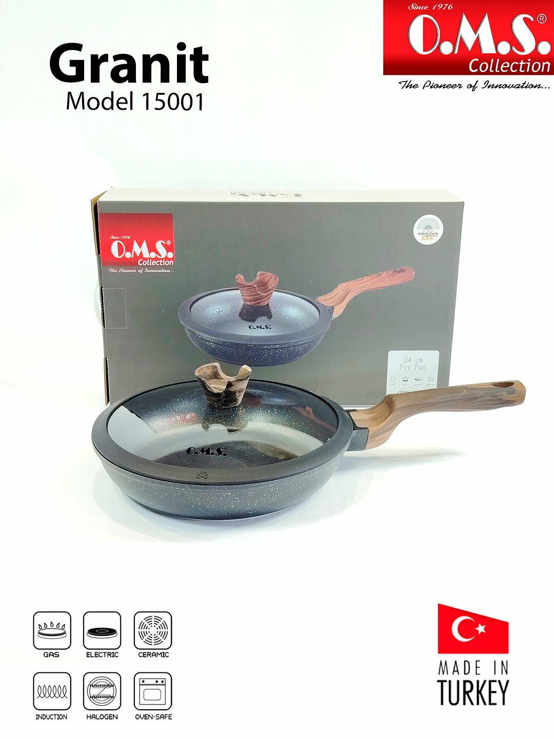 Сковорода O.M.S Collection 15001, антипригарное гранитное покрытие, черная, 22см