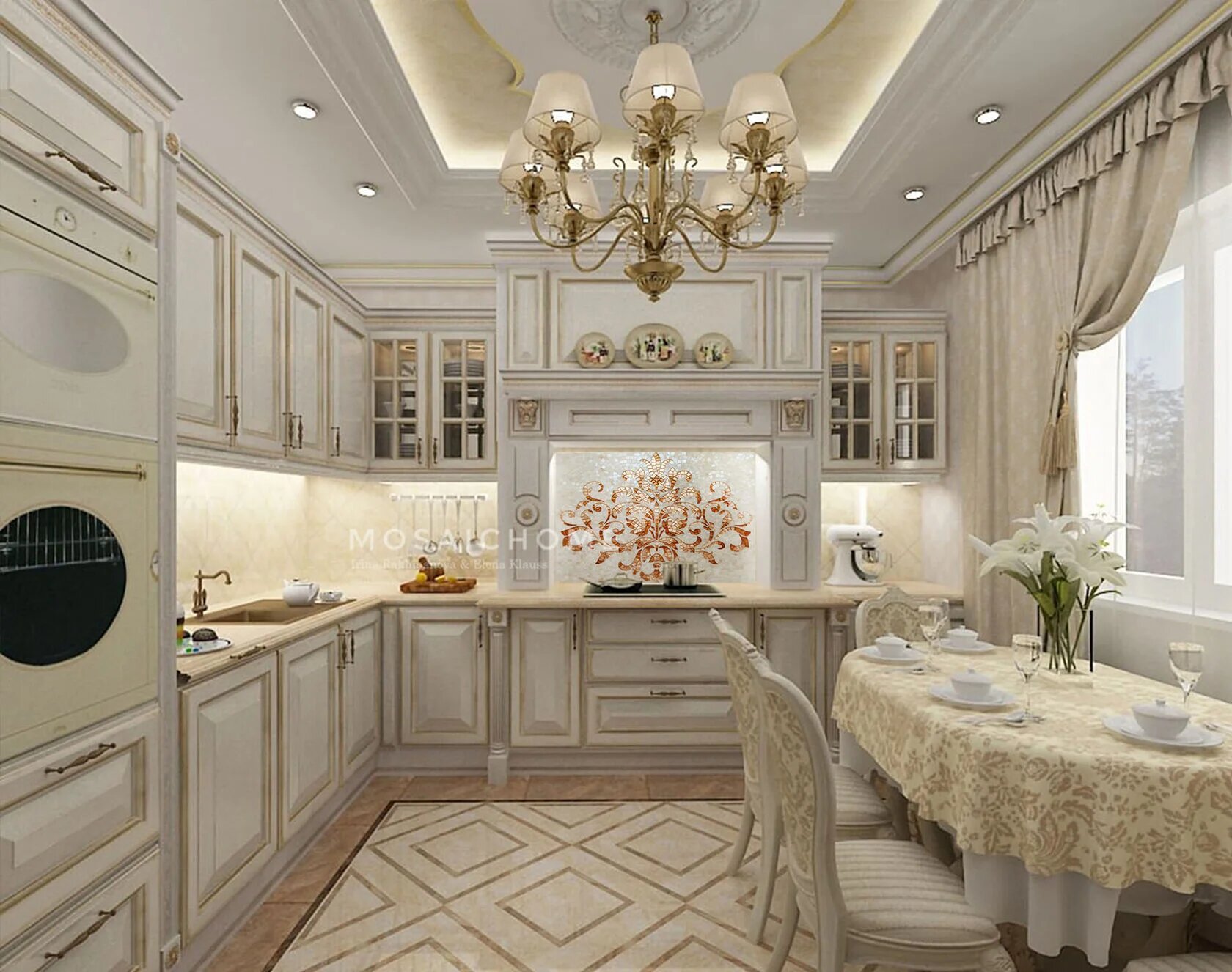 Фартук на кухню панно из мозаики MosaicHome, декор для ванной, хамама, вставка в пол "Классический орнамент" 70хН60см