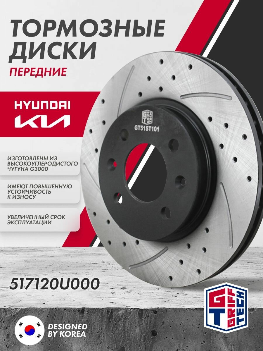 Комплект перфорированных передних тормозных дисков GRIFF TECH GT51ST101 для Hyundai Solaris (2011 - 2016) / 517120U000