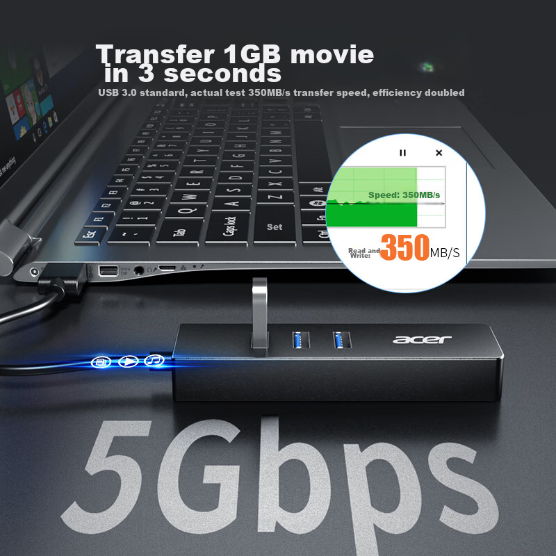 Acer USB 3.0 Hub Gigabit Version, Ethernet Port Converter, RJ45 Adapter, Expansion Dock, Compatible with Apple Mac And Huawei Computers, HUB Adapter — фото 1