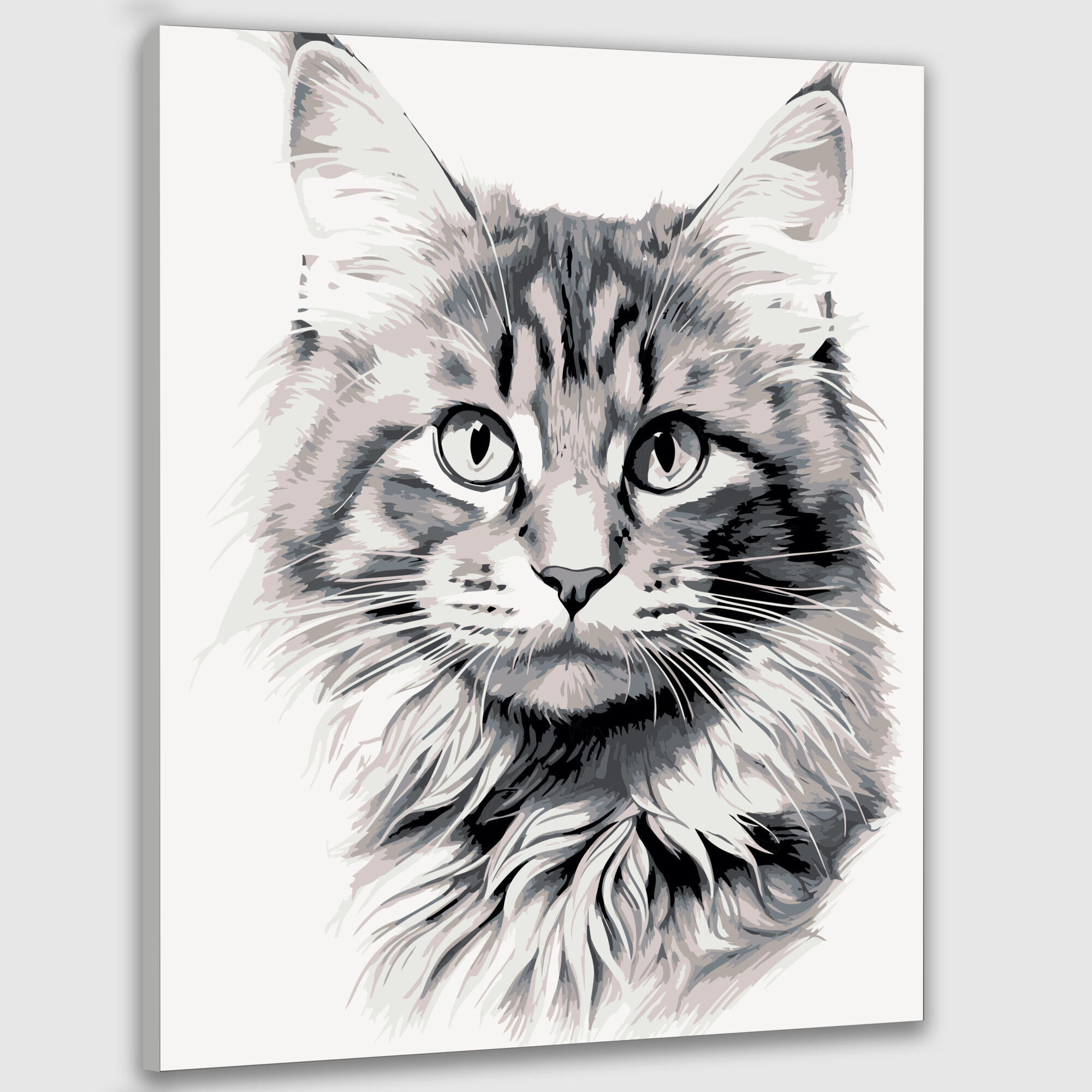 Картина по номерам 40x50 см, кошка, мейн-кун, тушь, рисунок, детали, линии, особенности, игривый, характер, блеск