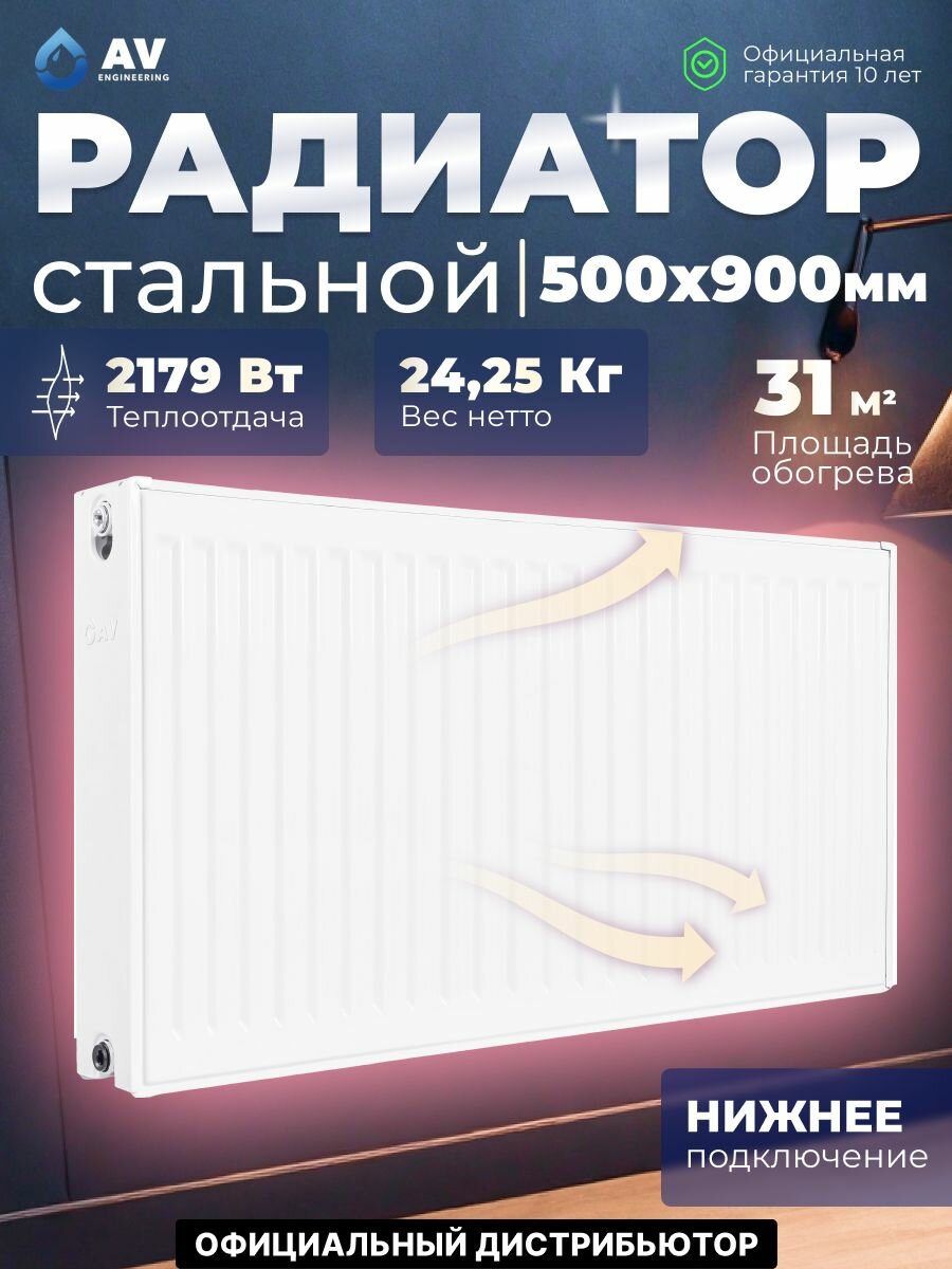 Радиатор отопления стальной панельный AV Engineering Expert EB 22-5-09 500х900 мм (AVE-22509B)