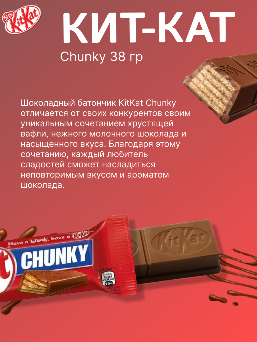 Батончики KitKat Chunky Хрустящая вафля в шоколаде, молочный шоколад, 38г, 12 шт — фото 1