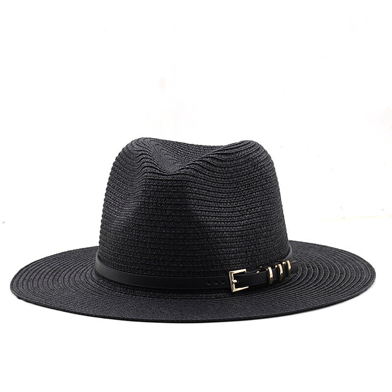 Шляпа соломенная, в стиле джаз, с пряжкой, черная, 60см