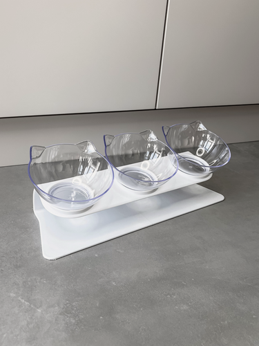 Изображение товара Миска для животных, кошек, собак тройная белая на подставке с прозрачными мисками