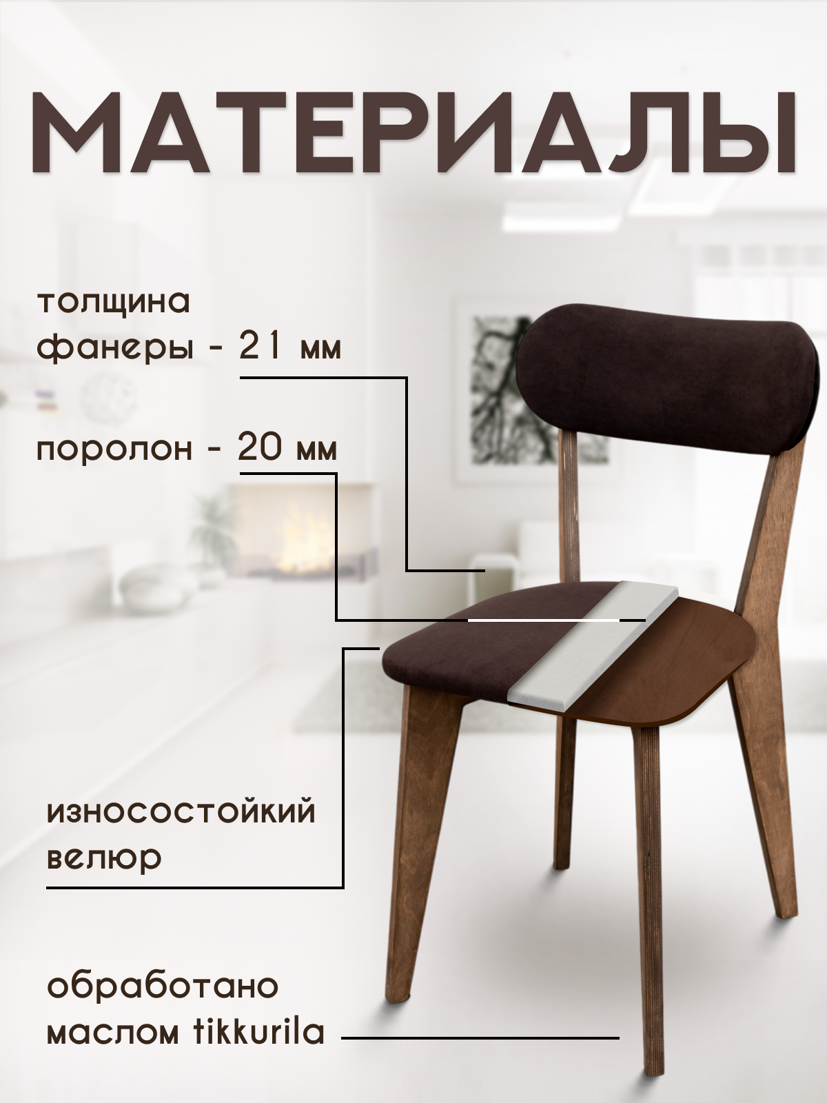 Стулья для кухни SANYAK комплект 4 шт деревянные мягкие со спинкой для обеденной зоны, велюр, Коричневый — фото 1