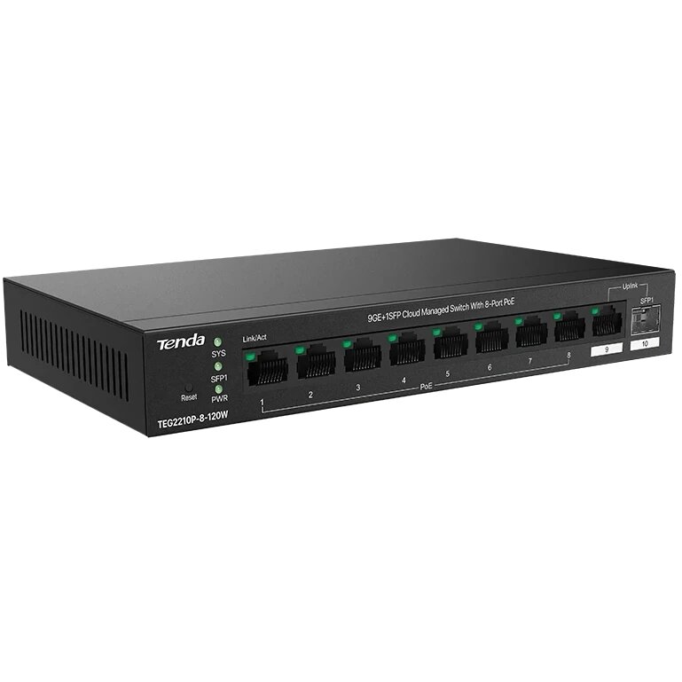 Tenda TEG2210P-8-120W Коммутатор управляемый PoE, 10 портов, 9x1 Гбит/с, SFP 1x1 Гбит/с, PoE 8x30Вт (до 110 Вт)