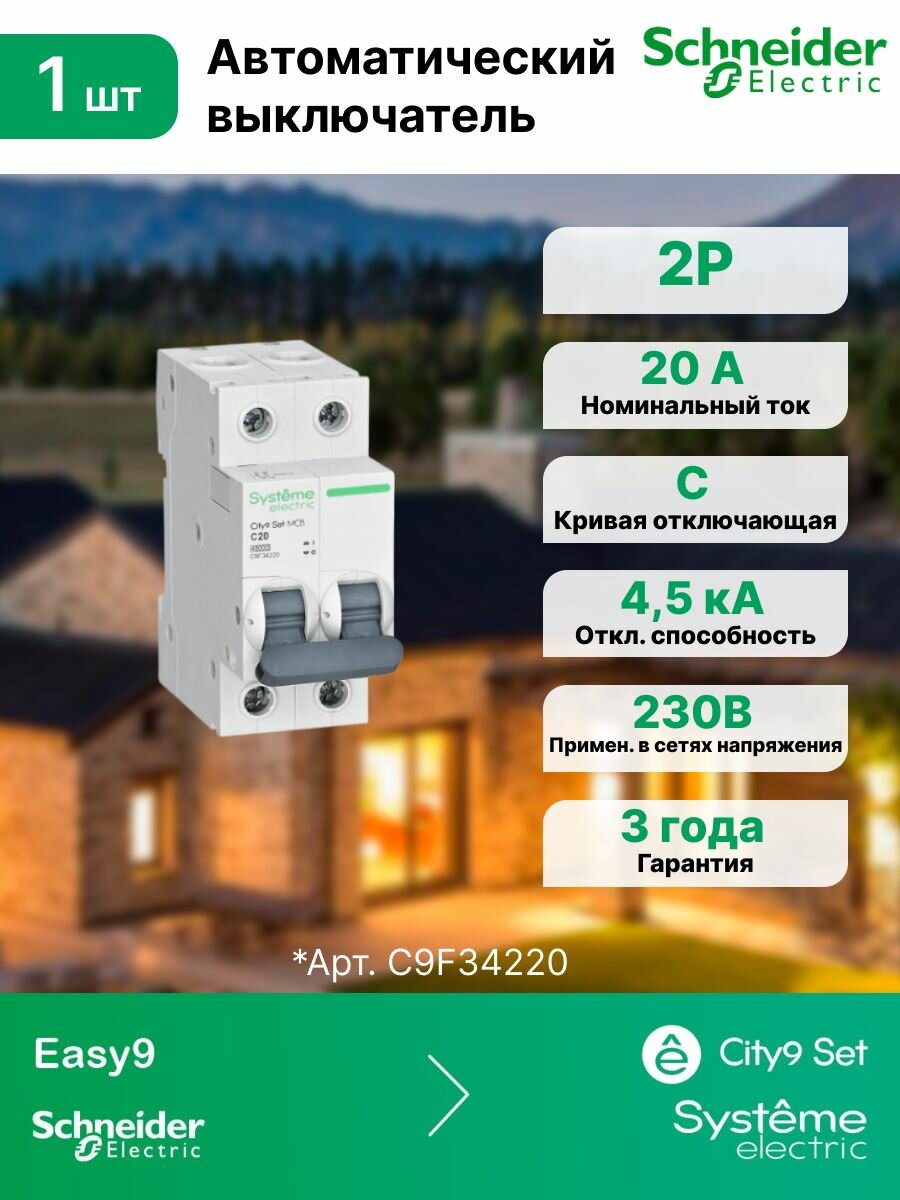 Автоматический выключатель (АВ) С 20А 2P 45kA 230В Systeme Electric (Schneider Electric) City9 Set C9F34220