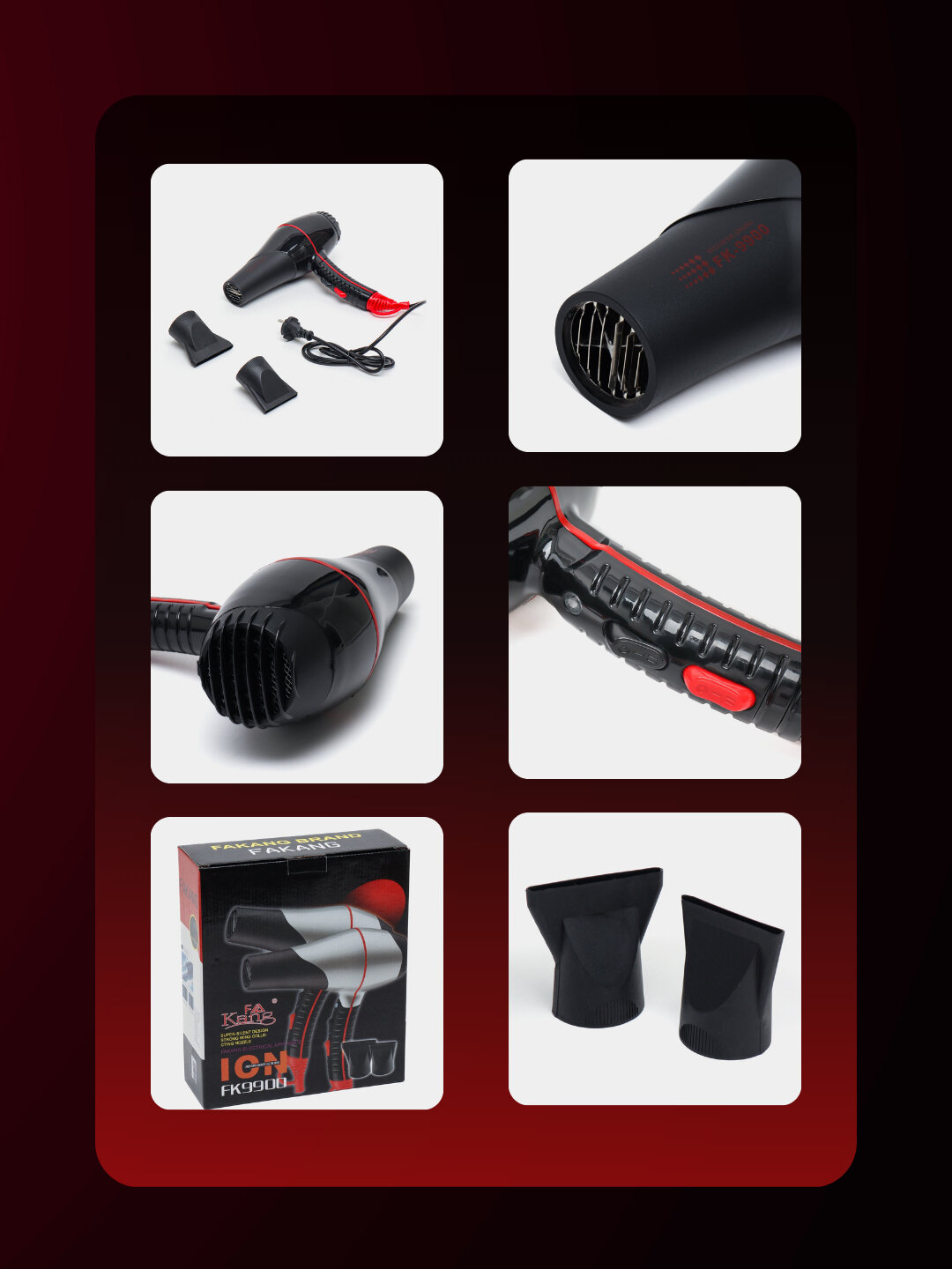 Профессиональный фен FaKang, ION FK-9900, для сушки и укладки волос 2 насадки, ионизация, холодный воздух, 2000Вт — фото 1