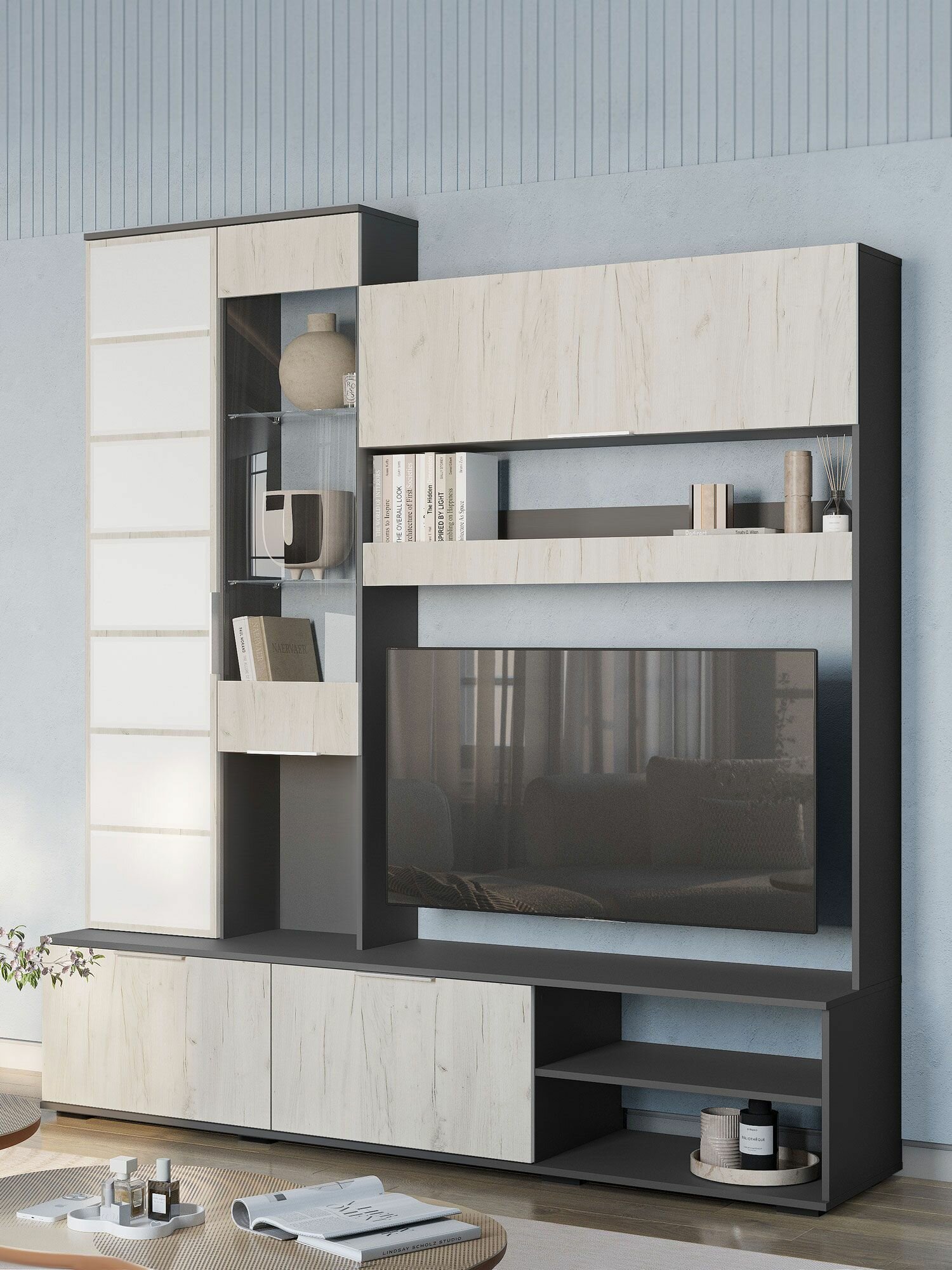 Гостиная комплект Плаза с полками 200.4х46х217.6 см Графит ЛДСП / Дуб крафт белый ЛДСП / Стекло