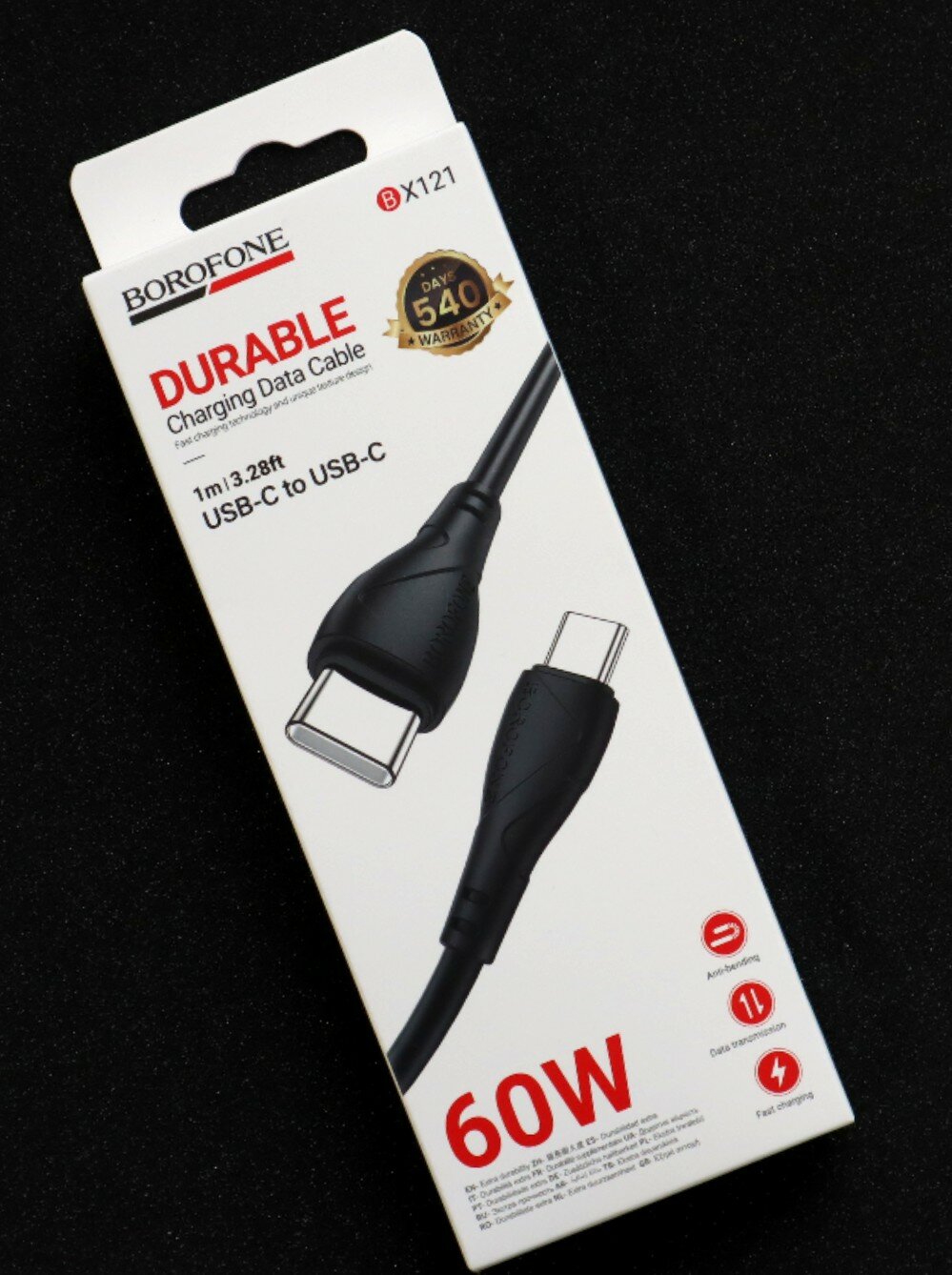 Кабель Type-C - Type-C (Cm-Cm), 3A, 60W, 1 м, Borofone BX121 чёрный — фото 1