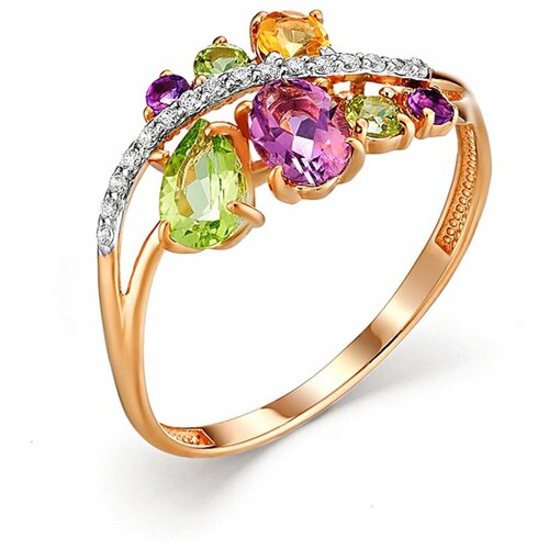 Кольцо АЙМИЛА, красное золото, 585 проба, цитрин, хризолит, аметист, размер 18.5, зеленый, фиолетовый