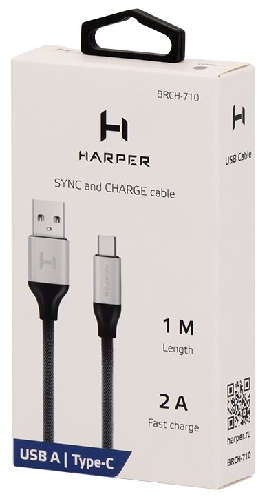 Кабель Harper H00001356 USB - TYPE C, black, 1м, нейлоновая оплетка, износоустойчивость, металлический штекер на концах - фото №3