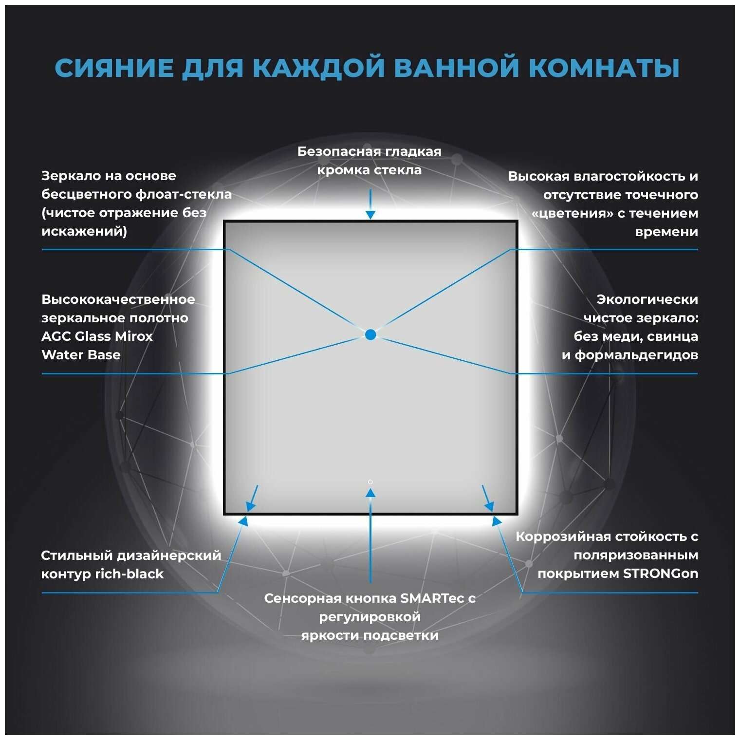 Настенное зеркало в ванную с подсветкой Wellsee 7 Rays' Spectrum 172200360 : влагостойкое квадратное зеркало 65х65 см с черным матовым контуром - фотография № 3